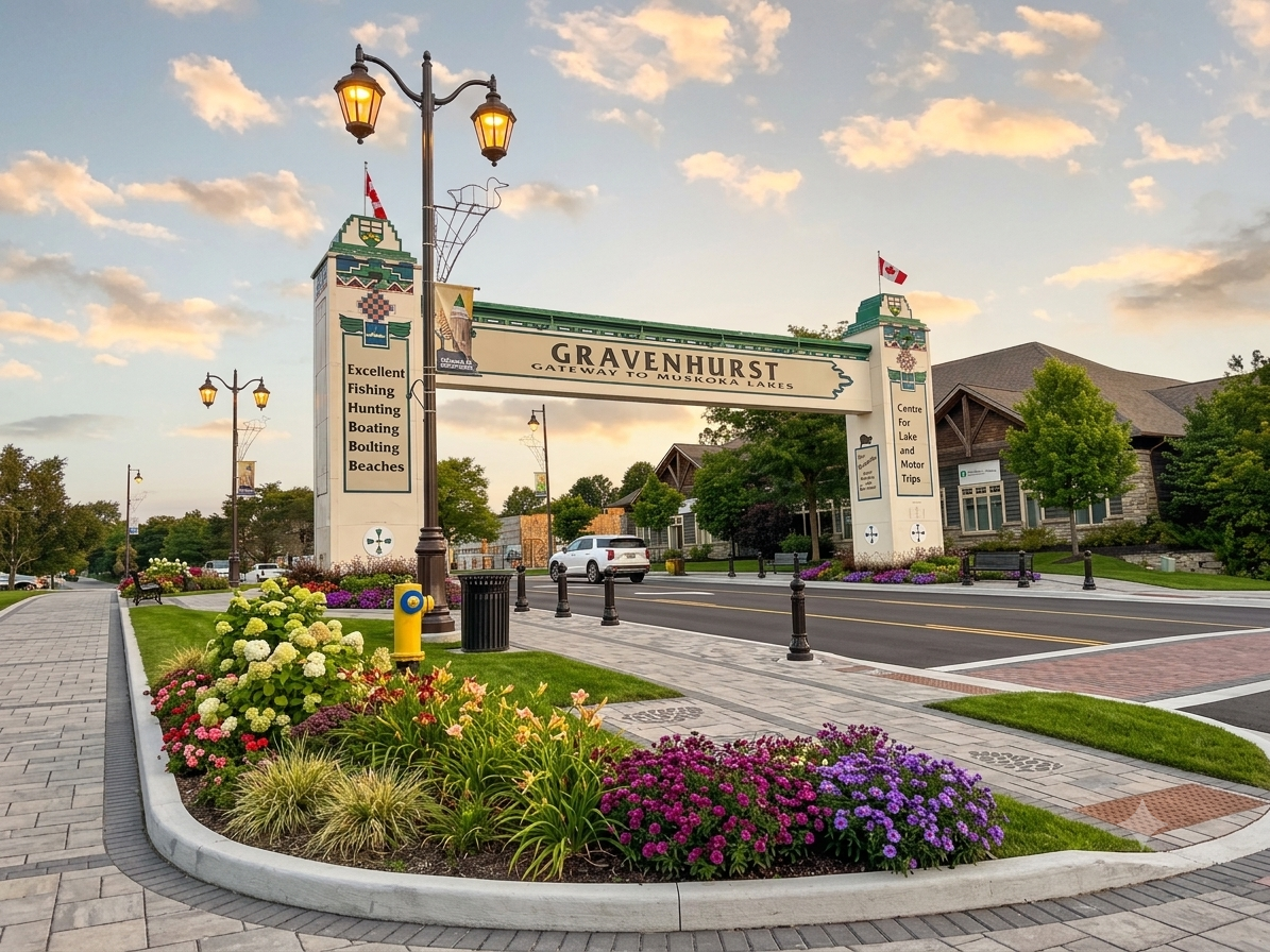 Conceptual illustration of the Gravenhurst gateway arch with a planted, beautified streetscape